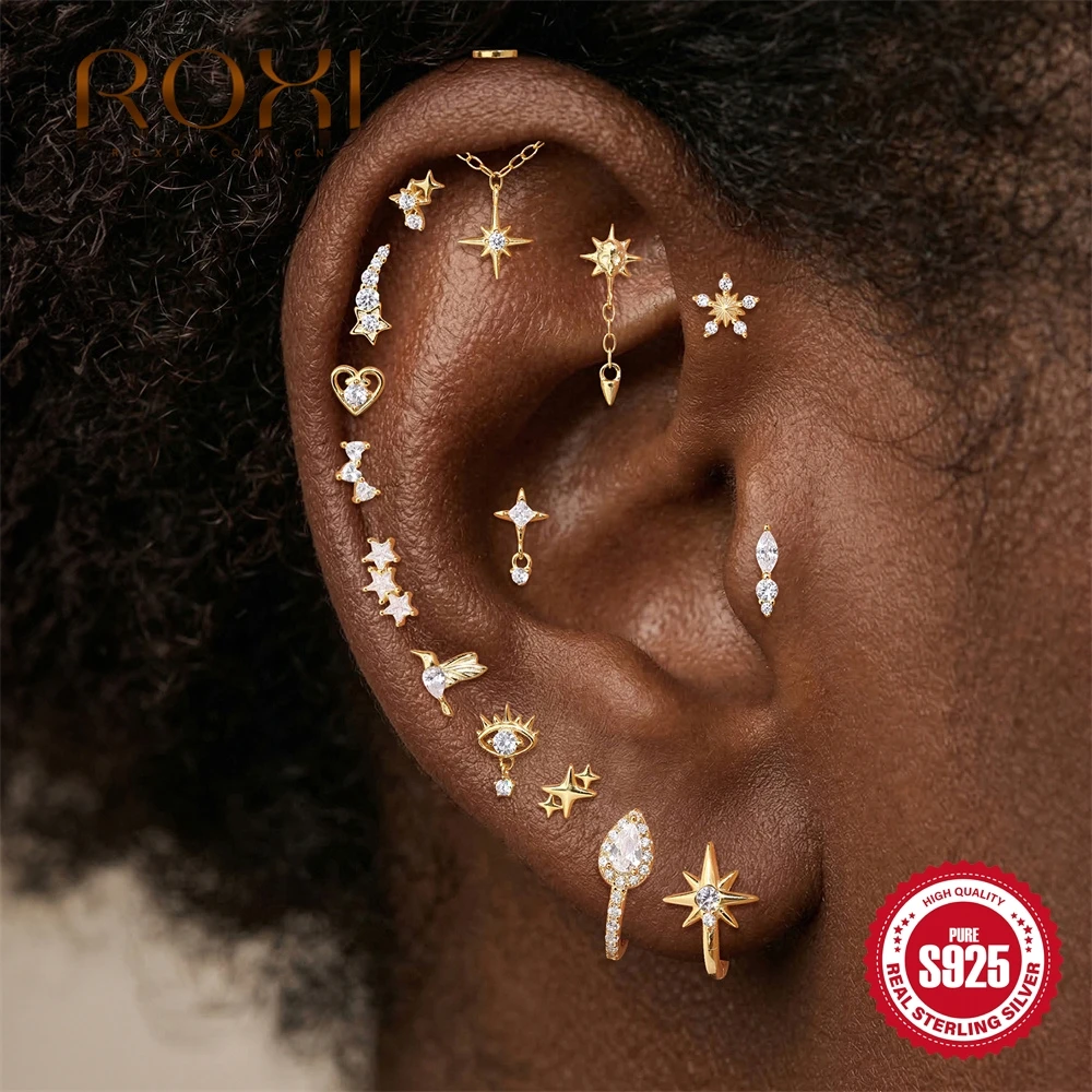 Roxi 925 Sterling Silber personalisierter Piercing-Ohrring mit Augen-/Totenkopf-/Kopf-/Schönheitsmotiv für Damen, 18 Karat Gold, für den täglichen Gebrauch, Partyschmuck