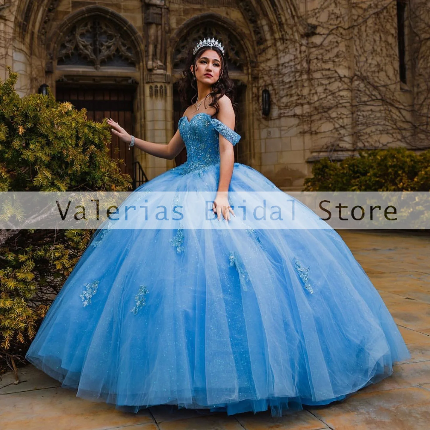 Vestidos de quinceañera azul cielo para niñas, Vestidos de baile de princesa con apliques de cuentas, dulce 16, largo hasta el suelo, Tull 15