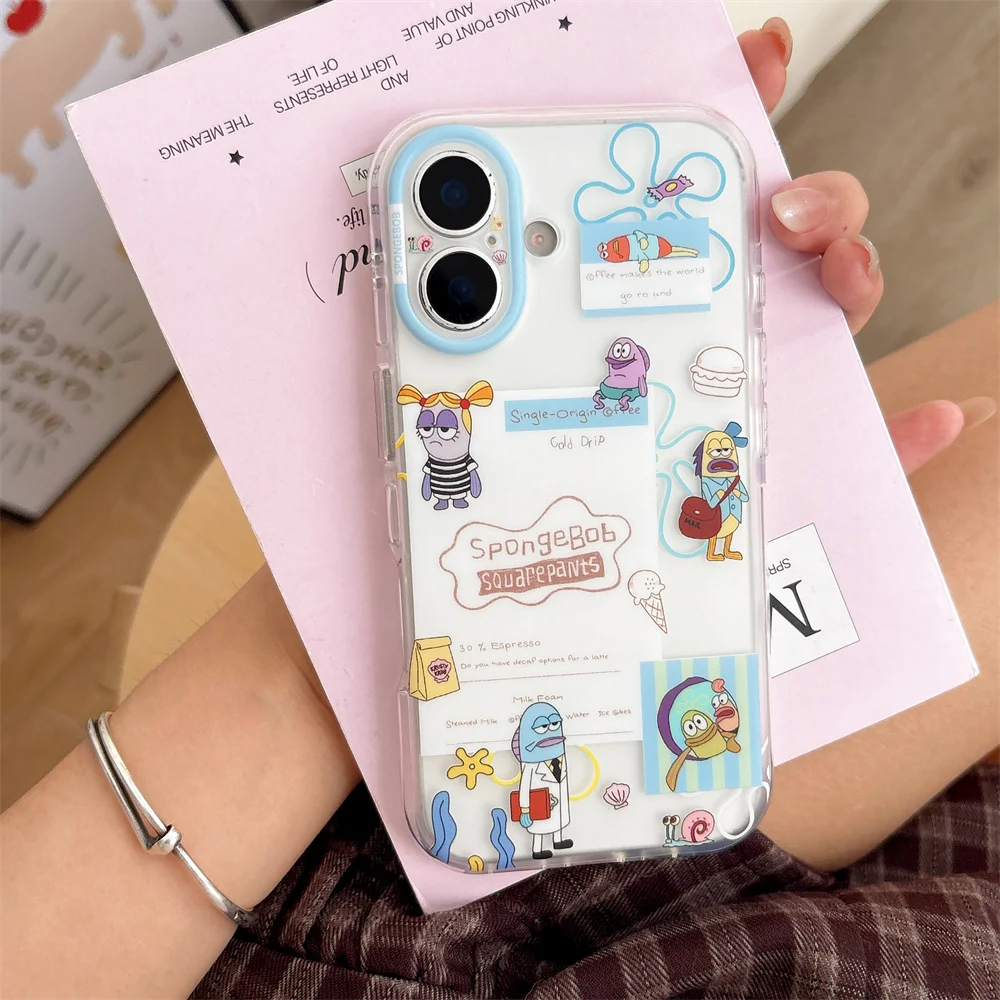 Cute Sticker Collage Phone Case For iPhone 15 16 17 Pro Max Cartoon Print Light Blue Frame Shockproof Soft Protective Cover