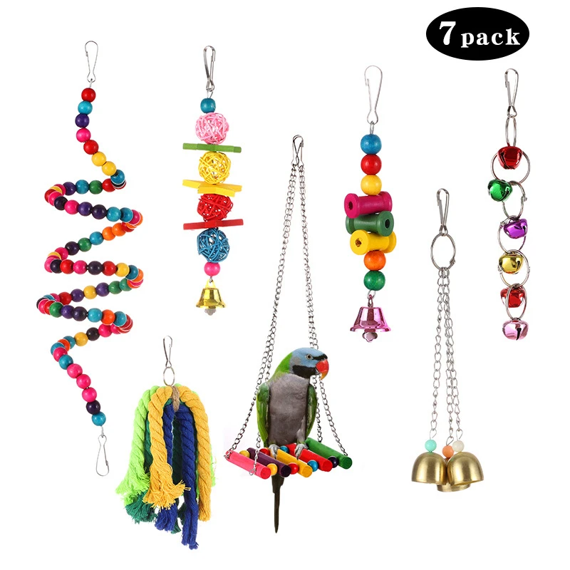 7 Piece Bird Toys Set Parrot Bird Cage Toys Pendant Accessories Parrot Stand Stick Swing  Bird Toy Set Supplies