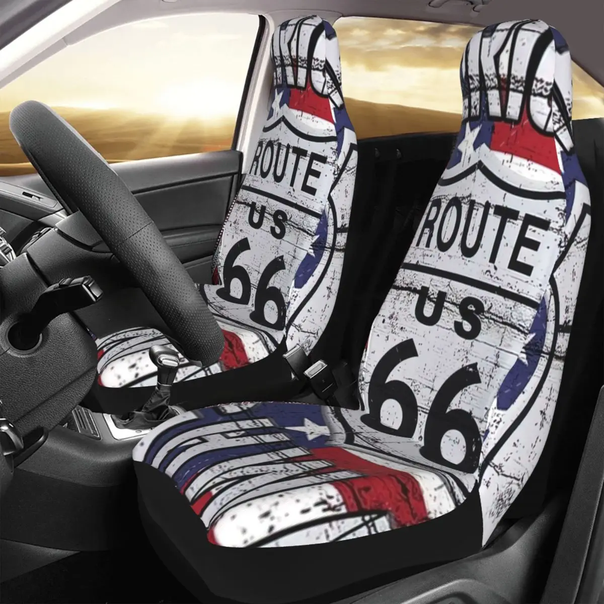 

Route 66 Car Seat Cover Custom Printing Universal Front Protector Accessories Cushion Set