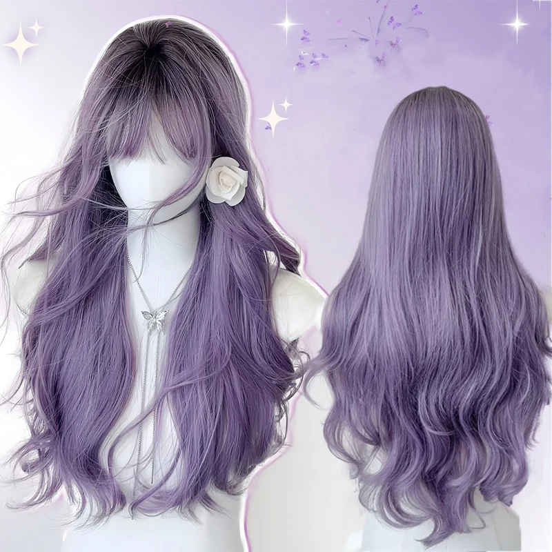 Halloween Wig Long Wavy Wig Ombre Purple Hair Wig Synthetic Wavy Wig with Bangs Daily Party Wig for Women