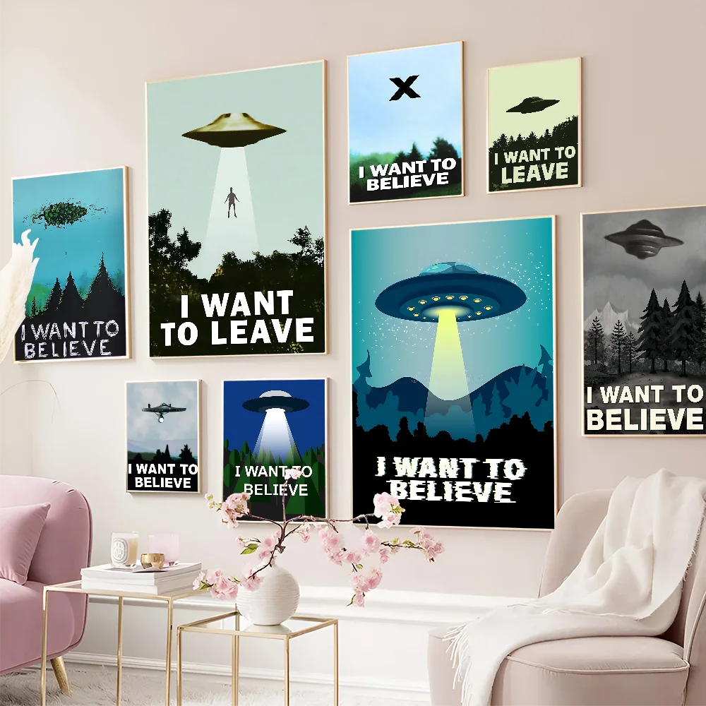 The X-Files I Want To Believe Vintage Posters Sticky Retro Kraft Paper Sticker DIY Room Bar Cafe Stickers Wall Painting