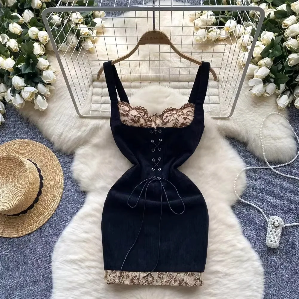 Seksowna koronkowa PATCHWORK sznurowana sukienka na ramiączkach elegancka elegancka Vestidos Vintage party kobiety modne sukienki ołówkowe
