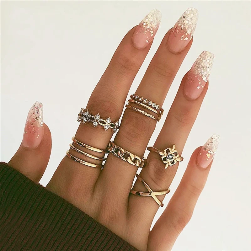 Vintage 10Pcs/set Gold Color Rings Set for Women Simple Boho Geometric Round Circle Finger Knuckle Ring Fashion Jewelry 2021