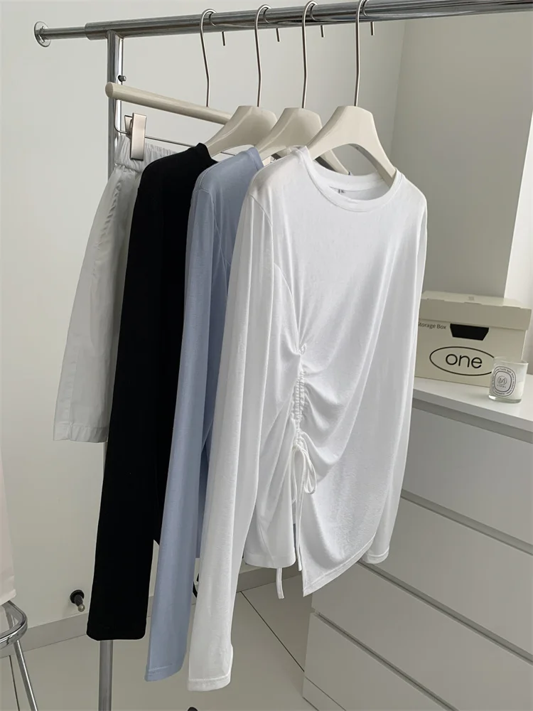 Irregular Micro Transparent Thin Long Sleeve T-shirt Women Spring Summer Round Neck Shirring Solid Color Sunscreen Shirts