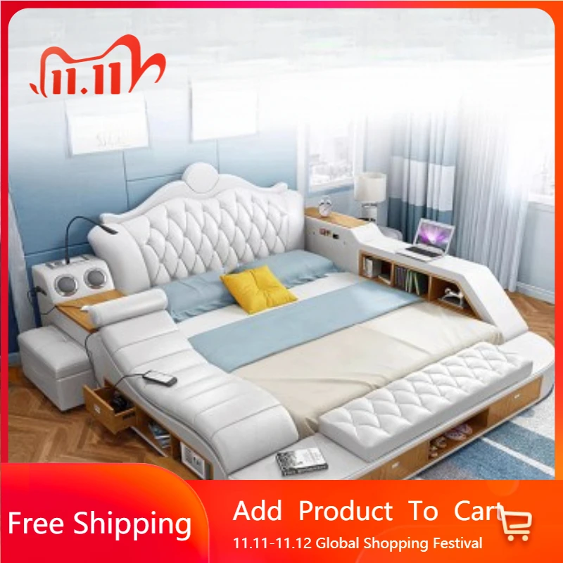 

Makeup Storage Double Bed Queen Drawers King Size Smart Bed Luxury Princess Modern Letto Funky Sleeping Muebles Hotel Furniture