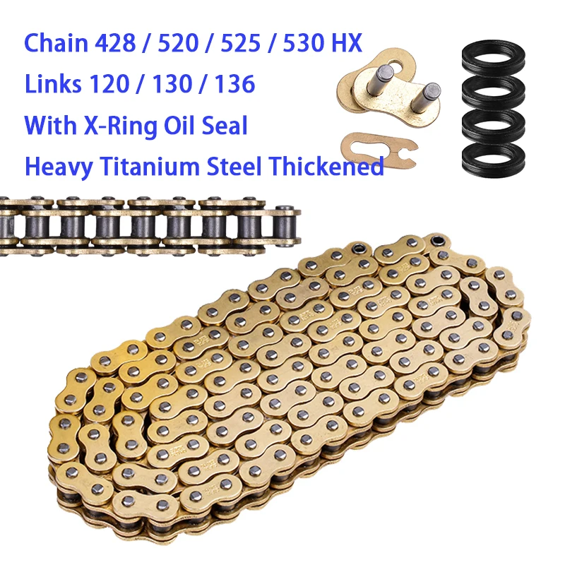 Universal 428 520 525 530 Drive Chain 120/130/136 Links Heavy Titanium Steel Thickened X-Ring Oil Seal Connecting Master Link
