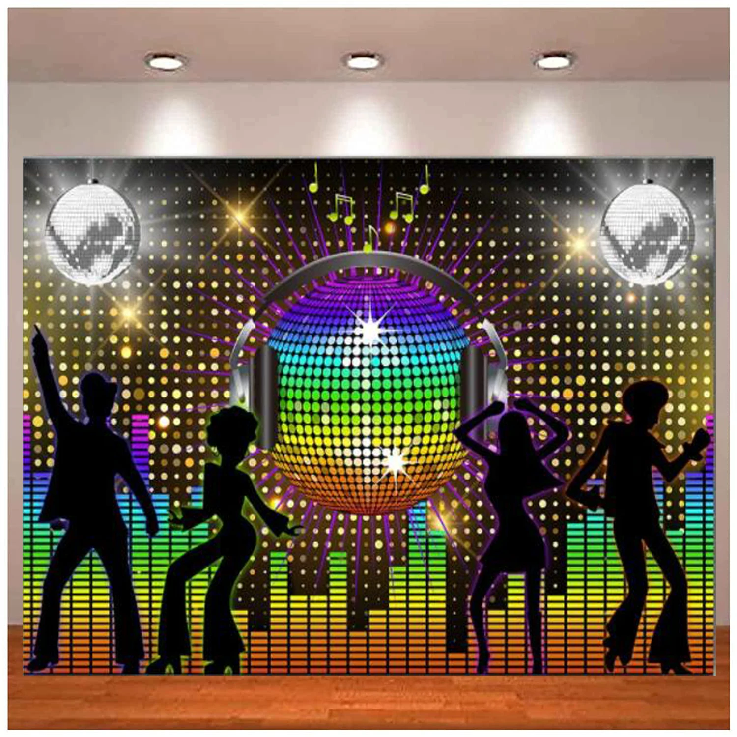 

Vintage 70s Disco Ball Photography Backdrop Colorful Neon Dancer Night Music Headset Dessert Table Banner Background Decoration