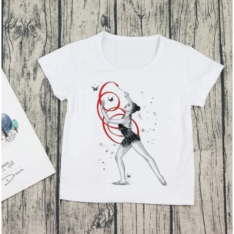 T-shirt blanc d'interconnexion amusant pour enfants, imprimé ballerine, danse AqDance, décontracté