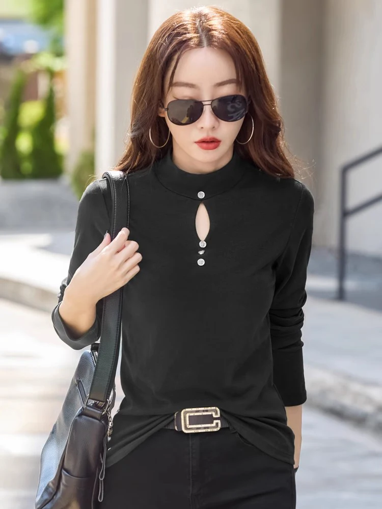 New Women Autumn Winter Bottomming Shirt Fashion Warm Half High Collar Hollow Out Slim T-shirt Simplicity Basic Cotton T-shirt