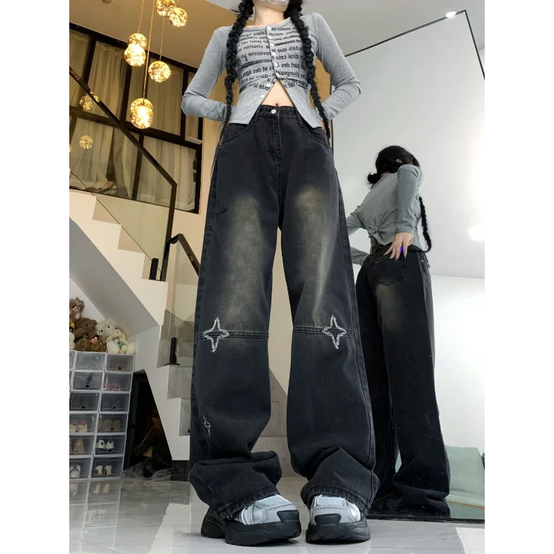 American Retro Star Embroidery High Waist Jeans Women Spring Loose Straight Leg Wide Pants