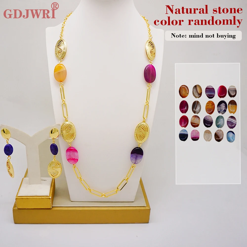 Fashion Bohemian Jewelry Natural Stone Long Drop Earrings Pendant Necklaces For Women Personality Chain Gift (Color Randomly)