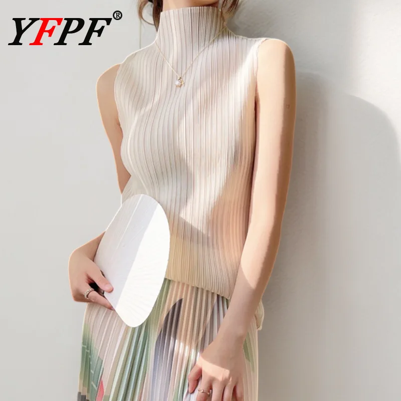 

YFPF Summer Casual Sleeveless Women T-shirt Turtleneck Solid Color Versatile Slim Blouse Fashion 2025 New Clothing 3A207