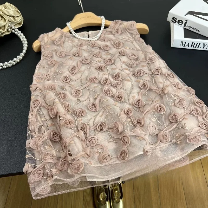 Rose Flower Appliques Pink Lace Shirt Top Women's 2026 Summer Sleeveless Mesh A Line Loose Elegant Shirt Blouse T Shirt Tops