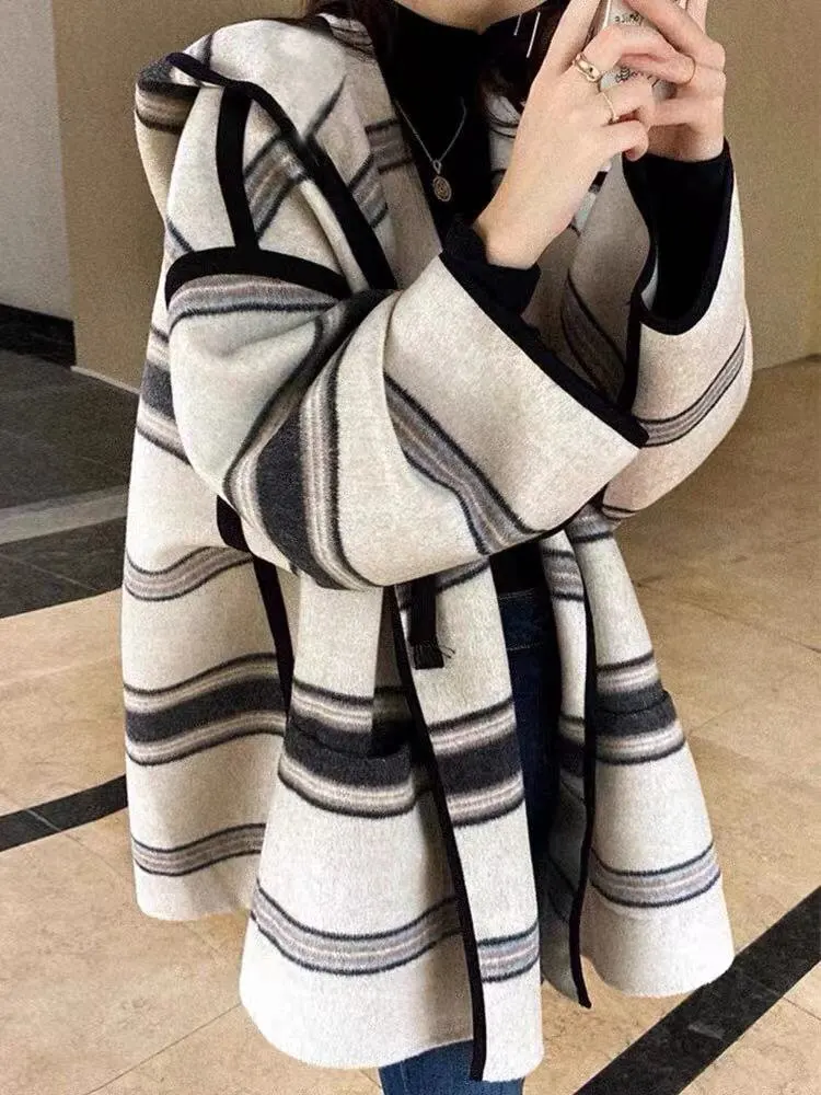 Stylish Women Hooded Cape Double Face Wool Coat 2026 Autumn Winter Striped Short Korean Loose Open Front Woolen Outerwear
