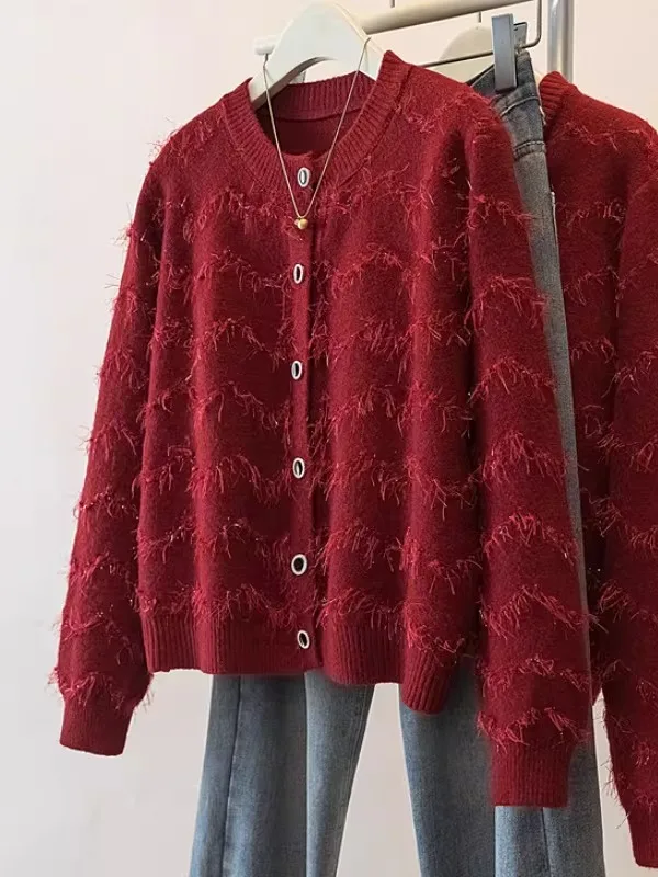 

Stunning Red Knitted Sweater Coat for Women Beautiful Shiny Thread Winter Autumn plus Size Bright Furry Open Cardigan Top