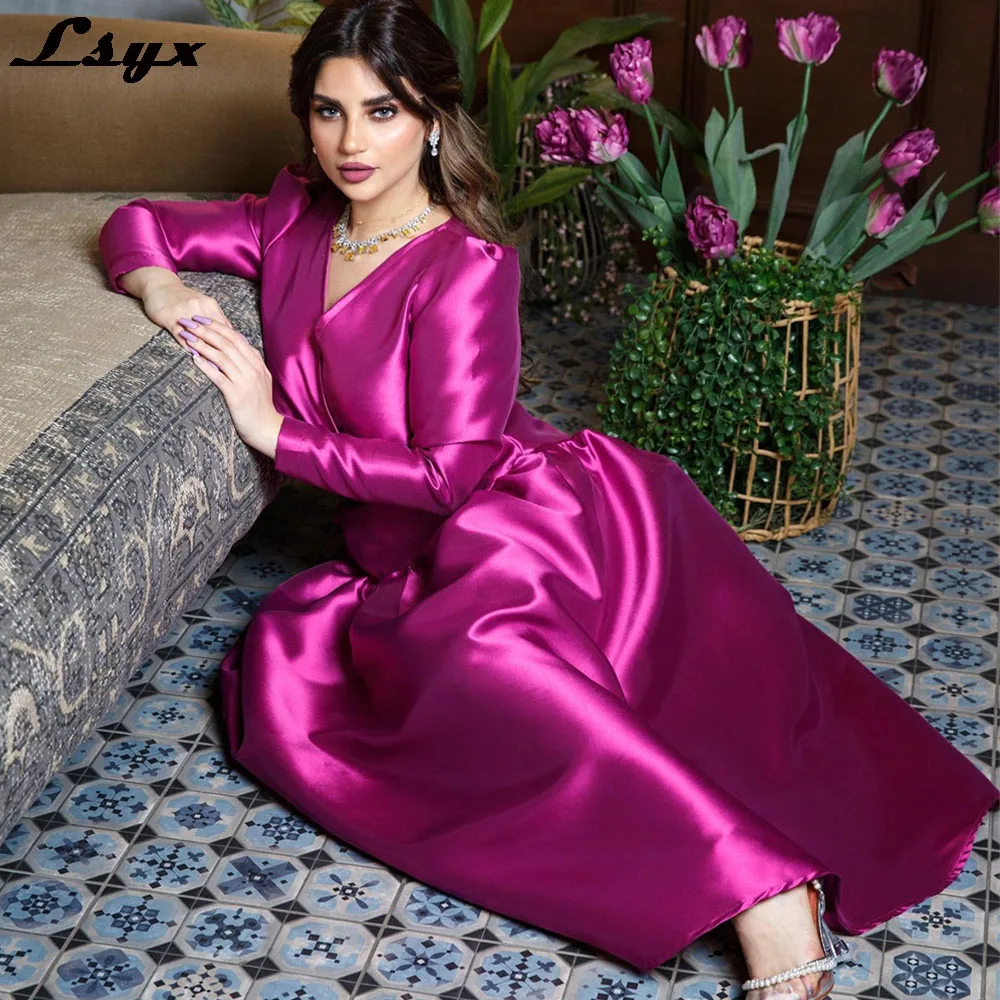 LSYX Solid Color Prom Gown V-Neck Full Sleeves Evening Dresses Elegant A-line Ankle-Length Party Dresses فساتين للحفلات الراقصة