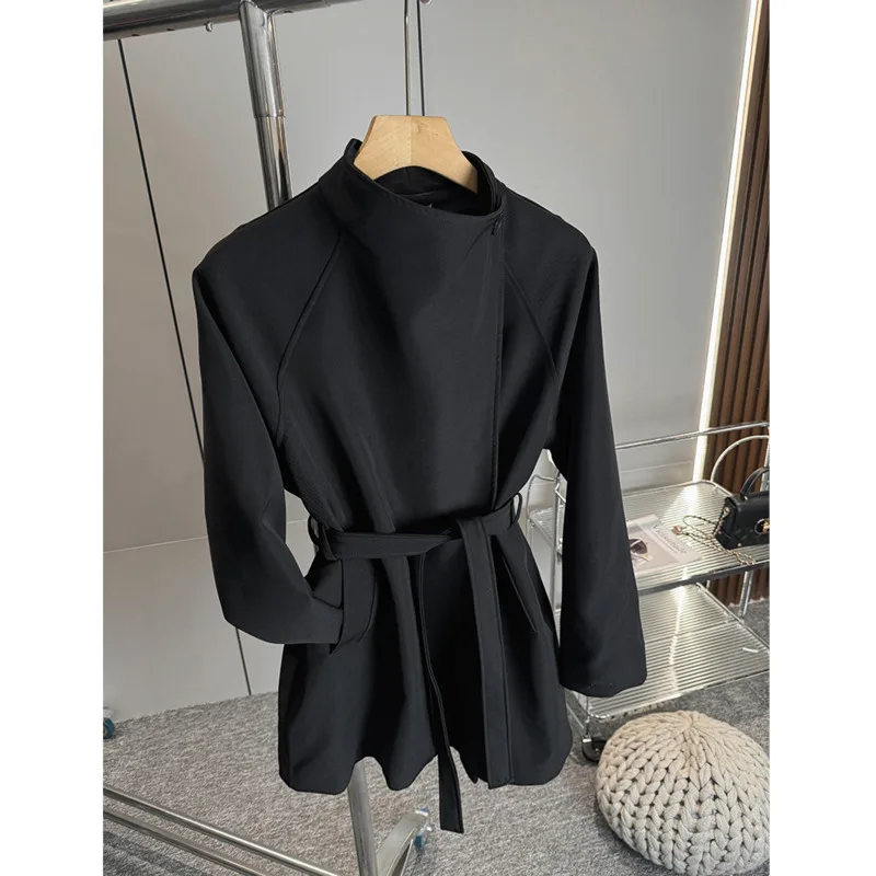 EAEOVNI Fashion Solid Color Short Trench Coat Women Solid Color Stand Collar Belt Gathered Waist Jacket Office Lady Clothing