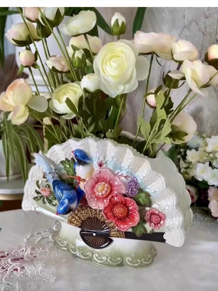 pastoral Magpie fan ceramic vase lace decoration room hydroponic