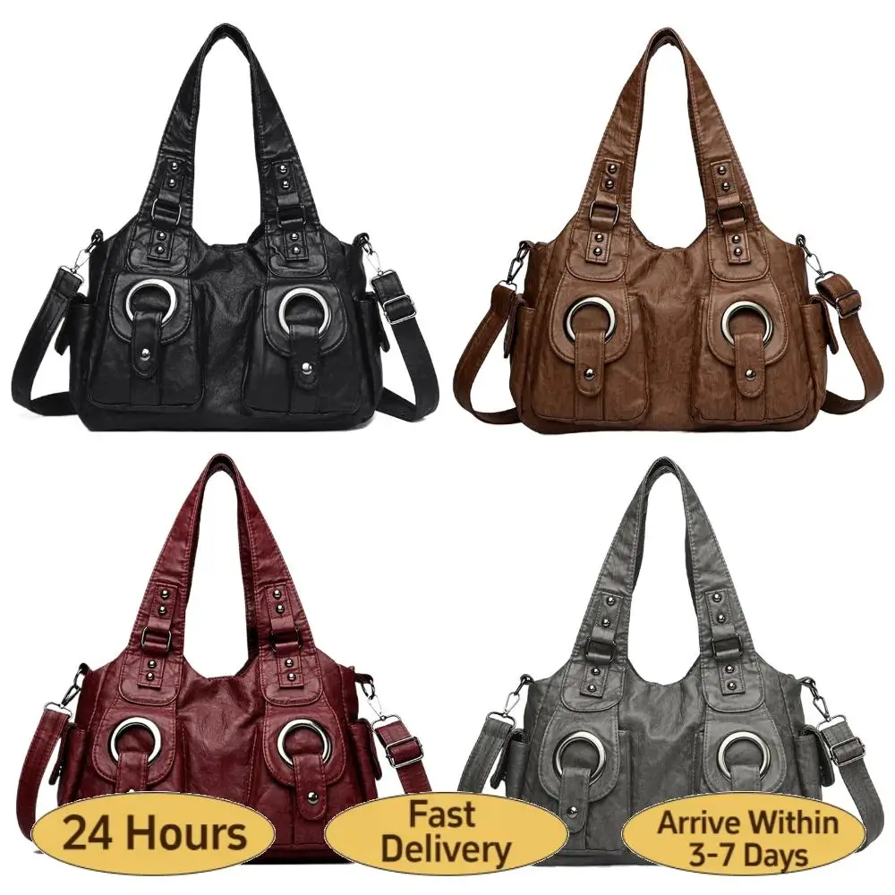 

Women PU Leather Solid Color Shoulder Bag with Adjustable Strap Multi Pocket Crossbody Bag Studded Crossbody Bags for Daily Use
