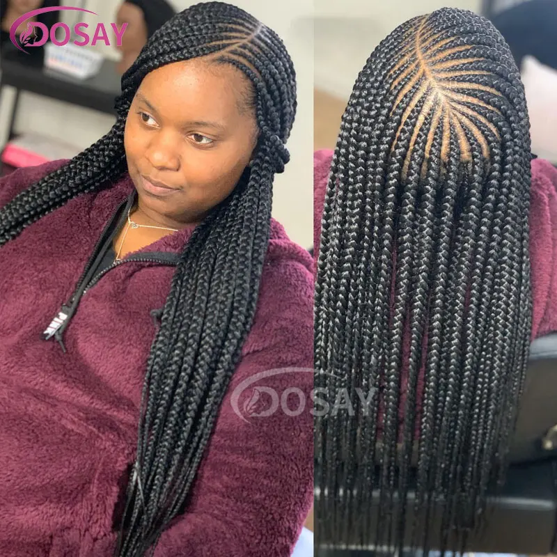 Pelucas sintéticas trenzadas con caja Frontal de encaje completo para mujer, trenzas sin nudos, parte lateral negra, pelo de bebé, 36"