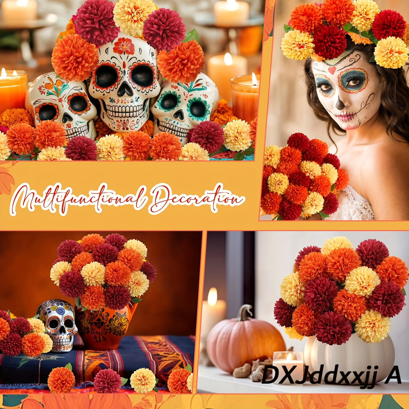 10/18 Seiden-/Kunststoff-Chrysanthemen (ohne Vase) – realistisch und farbenfroh (Orange, Rot, Gelb). Bouquets aus Ringelblumen und Chrysanthemen, geeignet für Hochzeiten, Halloween, Weihnachten, Herbsttischdekorationen – Detail 1