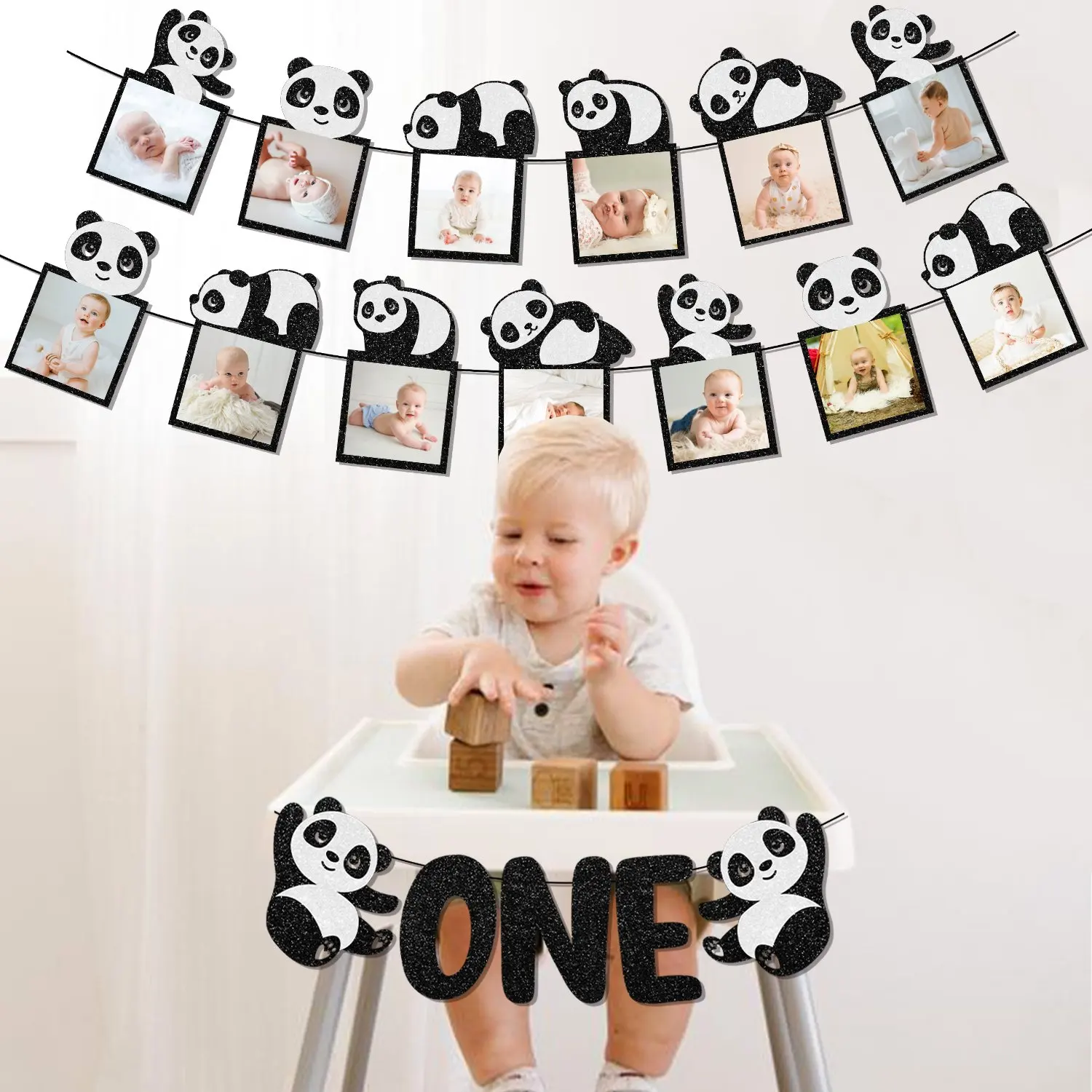 Panda 1st Birthday Party Decorations for Boy Girls Panda Themed Birthday Photo Banner Set with Glitter One Highchair Cake Topper