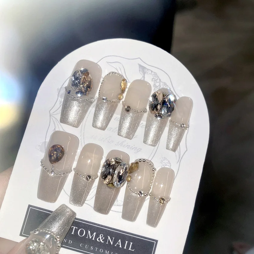 

24 шт., накладные ногти с французскими кристаллами и драгоценными камнями, длинные стильные ногти с полным покрытием, носимые накладные ногти