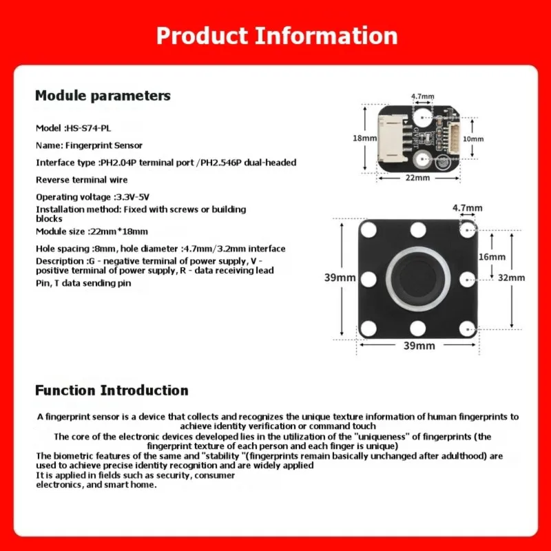 

【ГОРЯЧАЯ ЦЕНА!】Модуль датчика распознавания отпечатков пальцев для Arduino с 4-контактным кабелем - HS-S74AL+HS-S74L