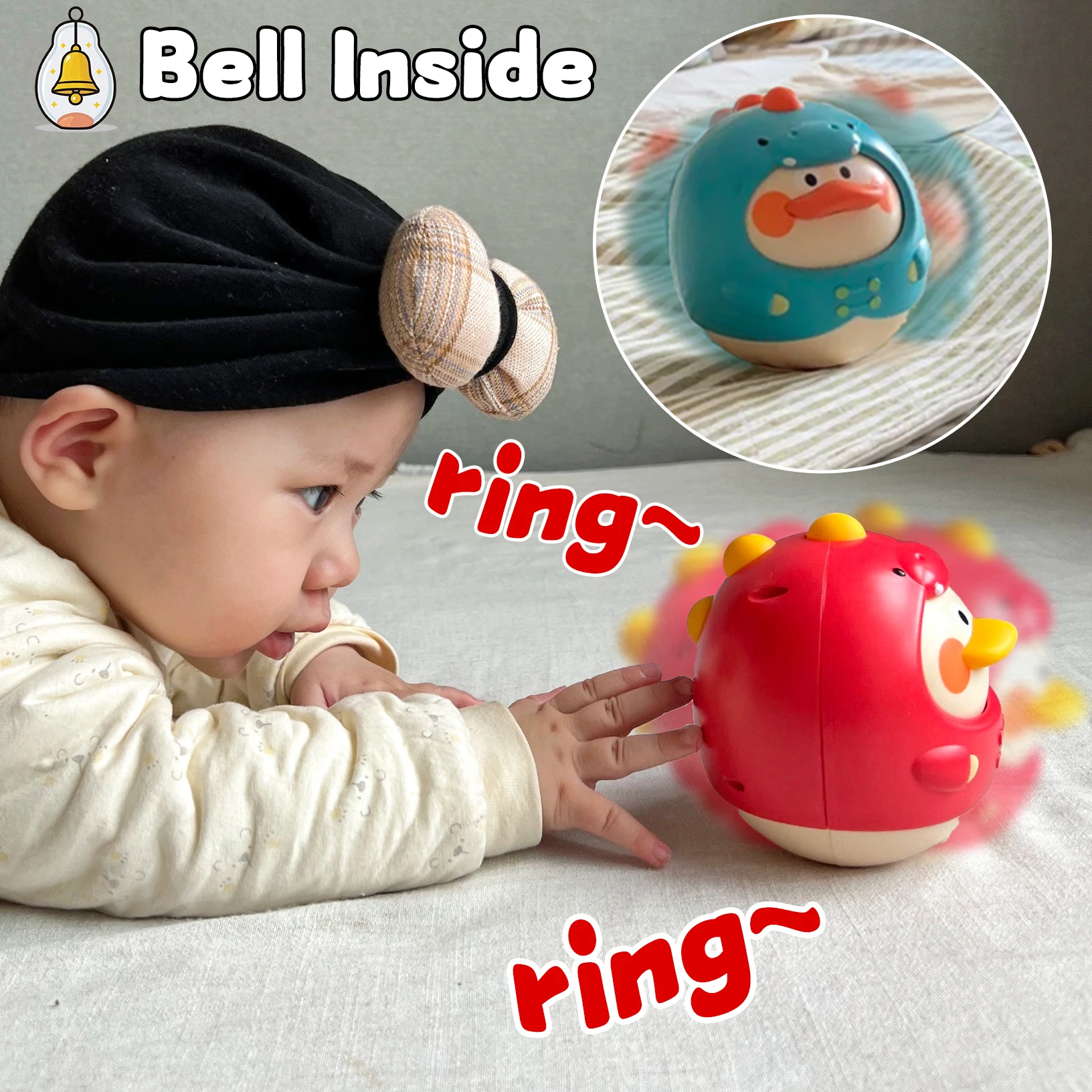 Dinosaurier-Enten-Tumbler-Beißring-Spielzeug mit Glockenrassel – Head-Up-Training und Krabbeltraining, sensorisches Babyspielzeug zur Entwicklung von Conc
