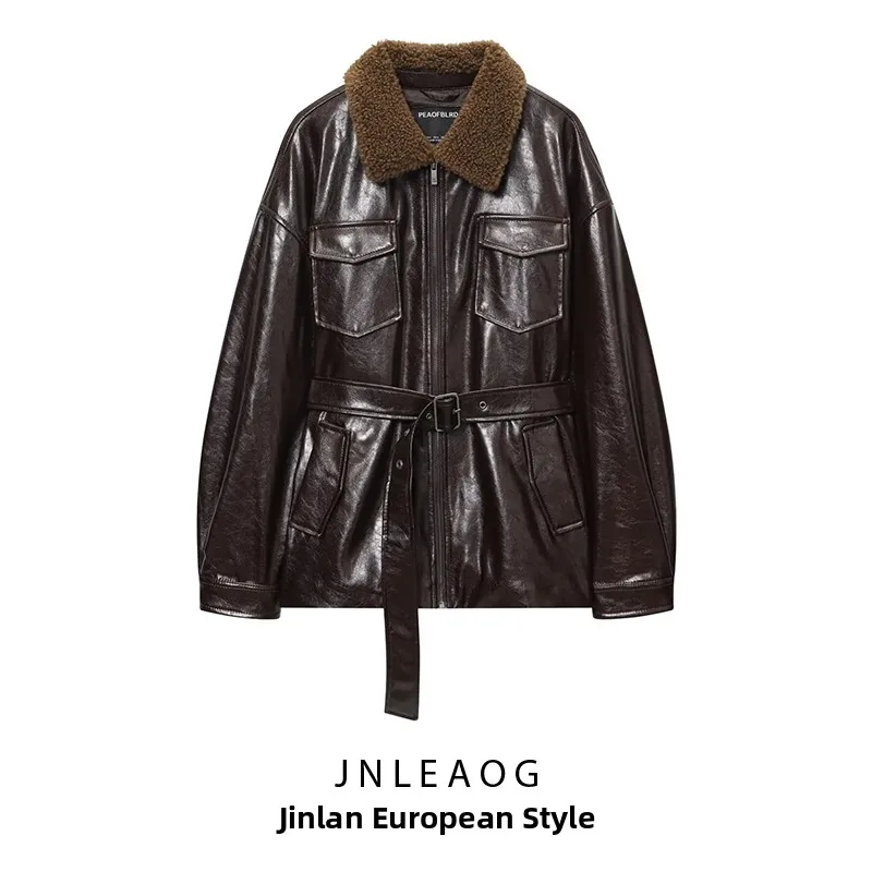 

JNLEAOG Autumn New Fashionable Women's Jacket with Buckle Coated Versatile Design Synthetic Leather Long Sleeve Business Suit