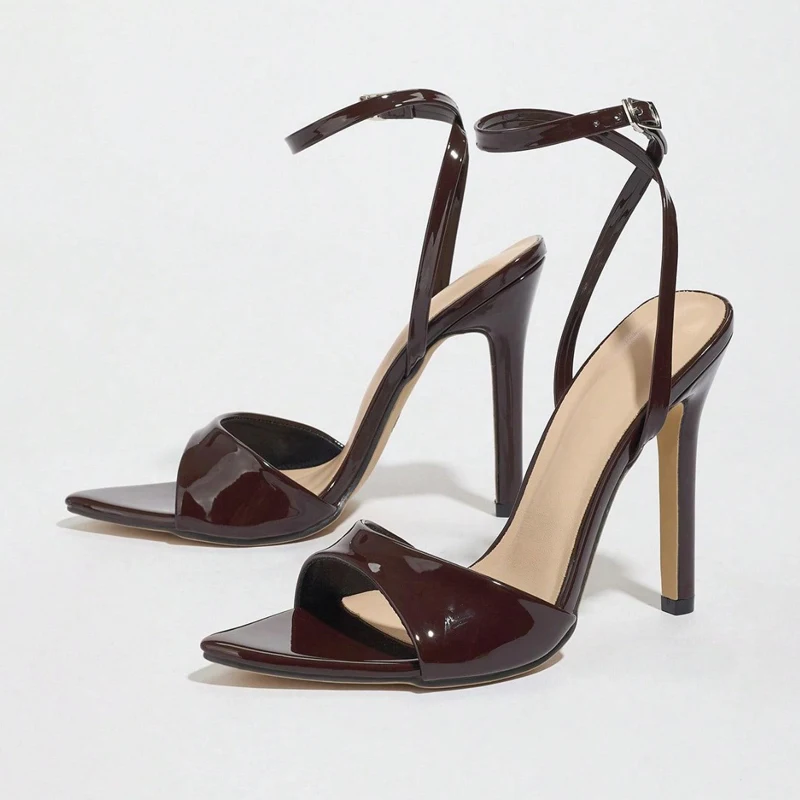 

Coffee Patent Leather Heeled Sandals Women Fashion Pointed Toe Ankle Buckle Pumps Sexy Party Prom Designer Shoes Zapatos Mujer