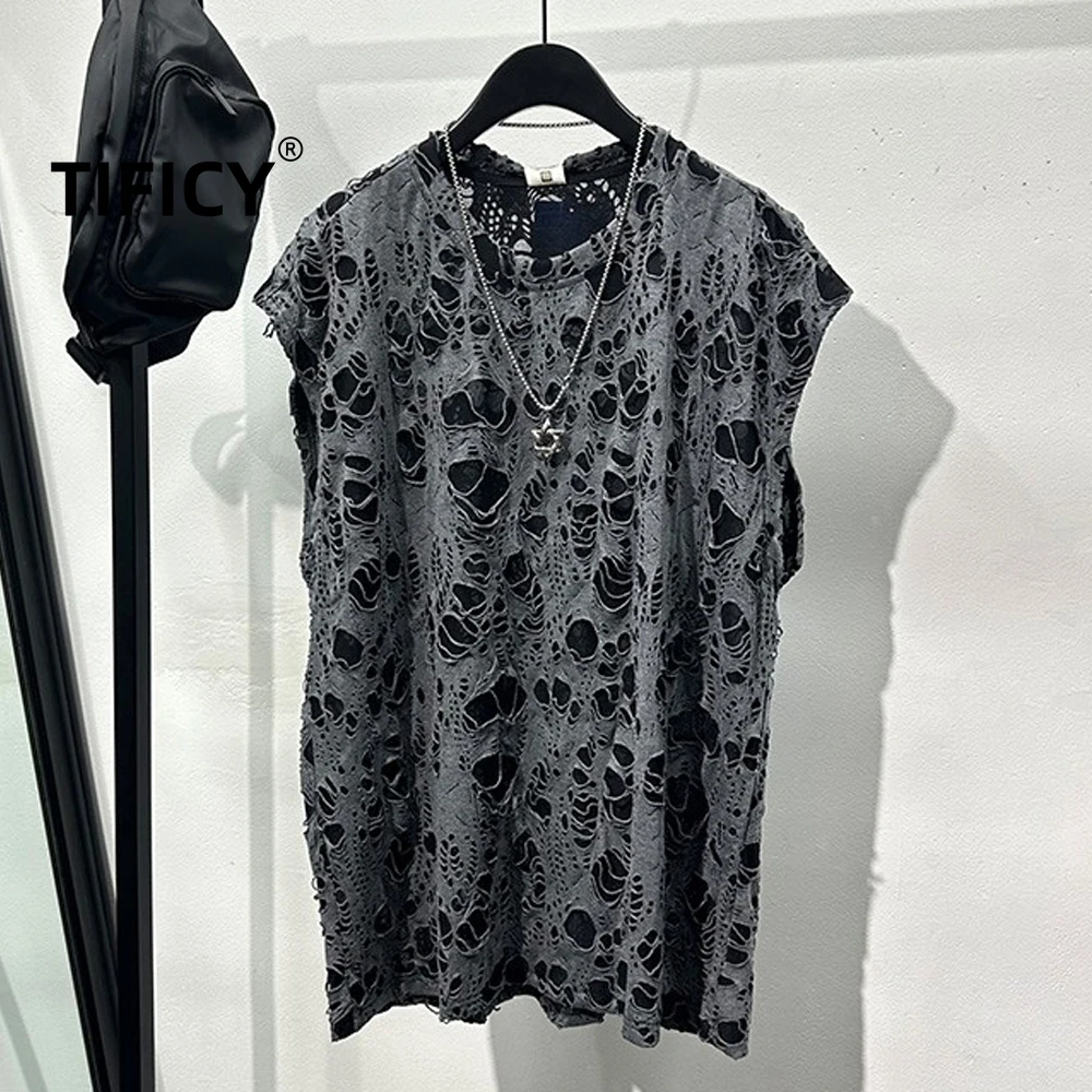 High Street Tees Summer Dark Style Design with Perforated Sleeveless T-shirt Men's Loose Casual Versatile Tshirts Casual Top