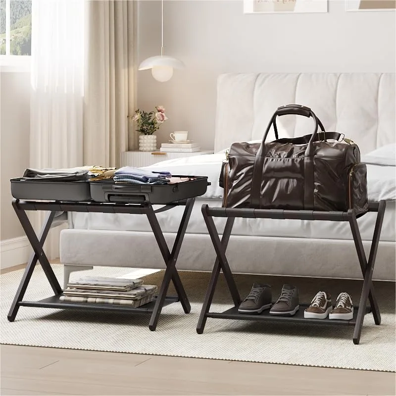 

2-Pack Folding Bamboo Luggage Rack with Storage Shelf, Holds 131 lbs for Hotel Guest Room & Bedroom