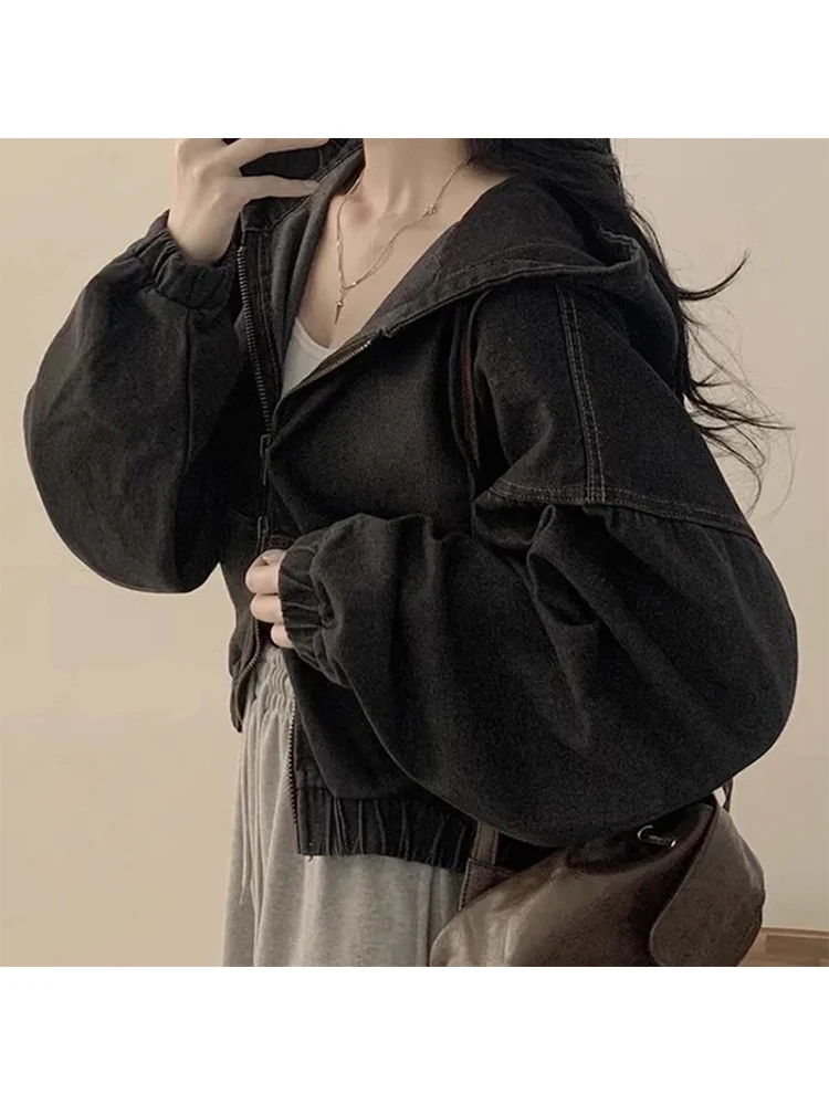2025 가을 겨울 여성용 아메리칸 레트로 데님 후드티 스웨트셔츠 2000년대 대학 스타일 하라주쿠 Y2K 일본 스트리트웨어 오버사이즈