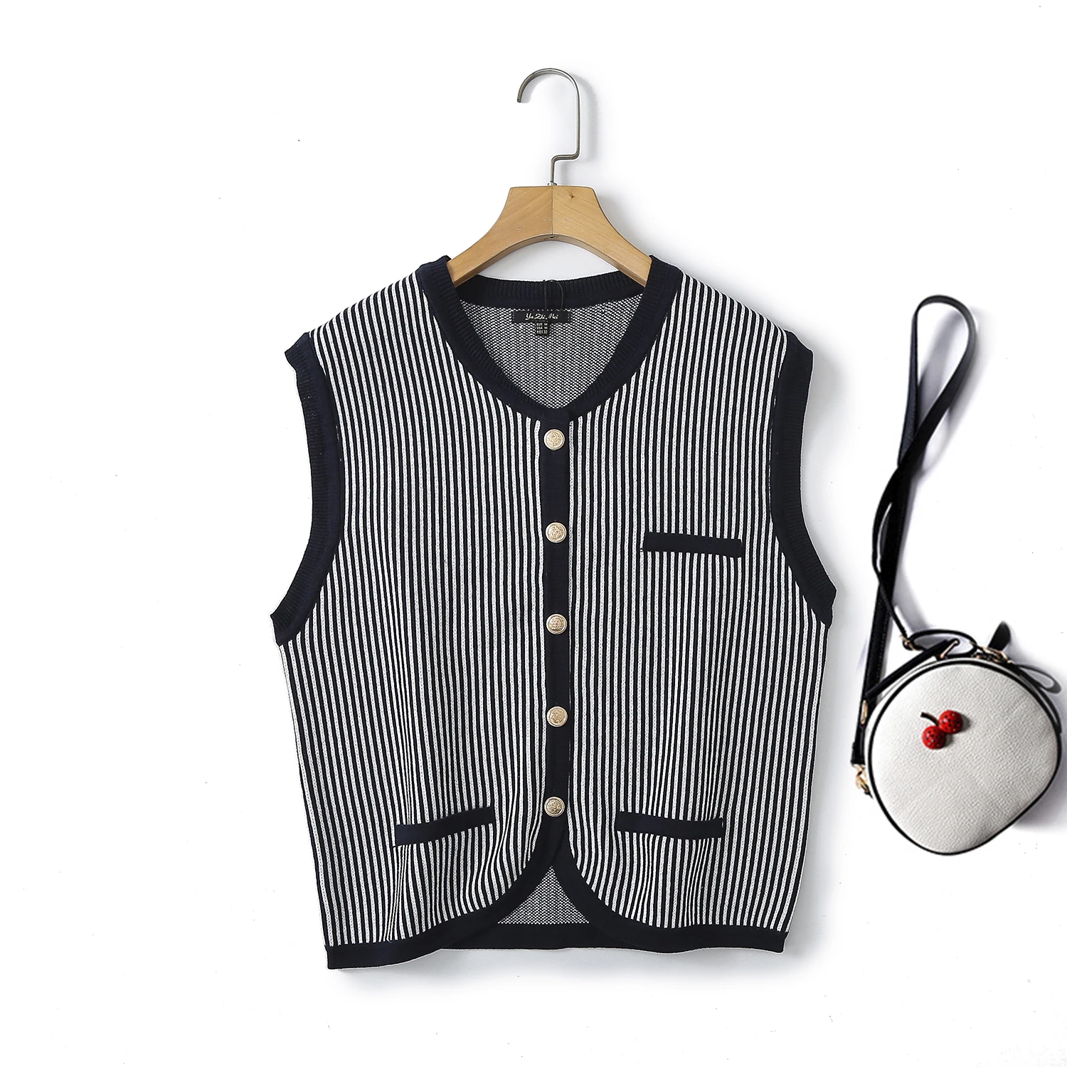 Ethereal  MD 2024 new style of Women\'s casual workplace light cooked small fragrance crew-neck striped knit inside vest