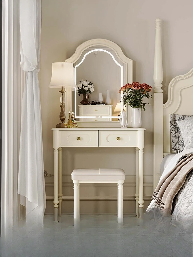 

Internet celebrity French dresser all solid wood small apartment bedroom makeup table retro cream white light luxury smart makeu