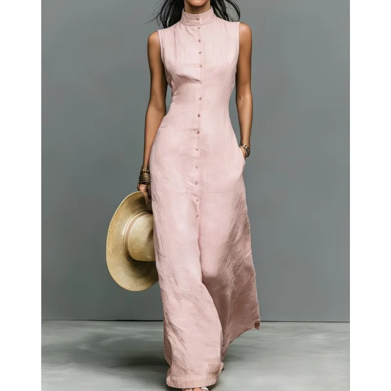

Summer New Fashion Women's Solid Color Sleeveless Stand-up Collar Button-down Long Dress Casual Temperament Commuter Dresses