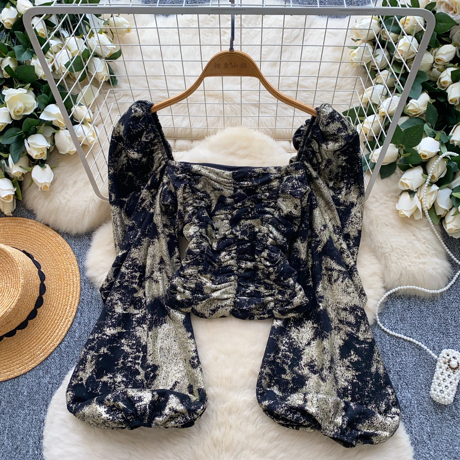 

Y2k Goth Spice Girl puff sleeve slash neck long sleeve T-shirt Women Shirt Female Slim Tops women clothing