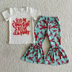 Baby Girl Spring Kids Feed Me Crawfish Tell Me I‘m Pretty Shirt Top Bell Pants Outfit Wholesale Toddler Children Clothes Set