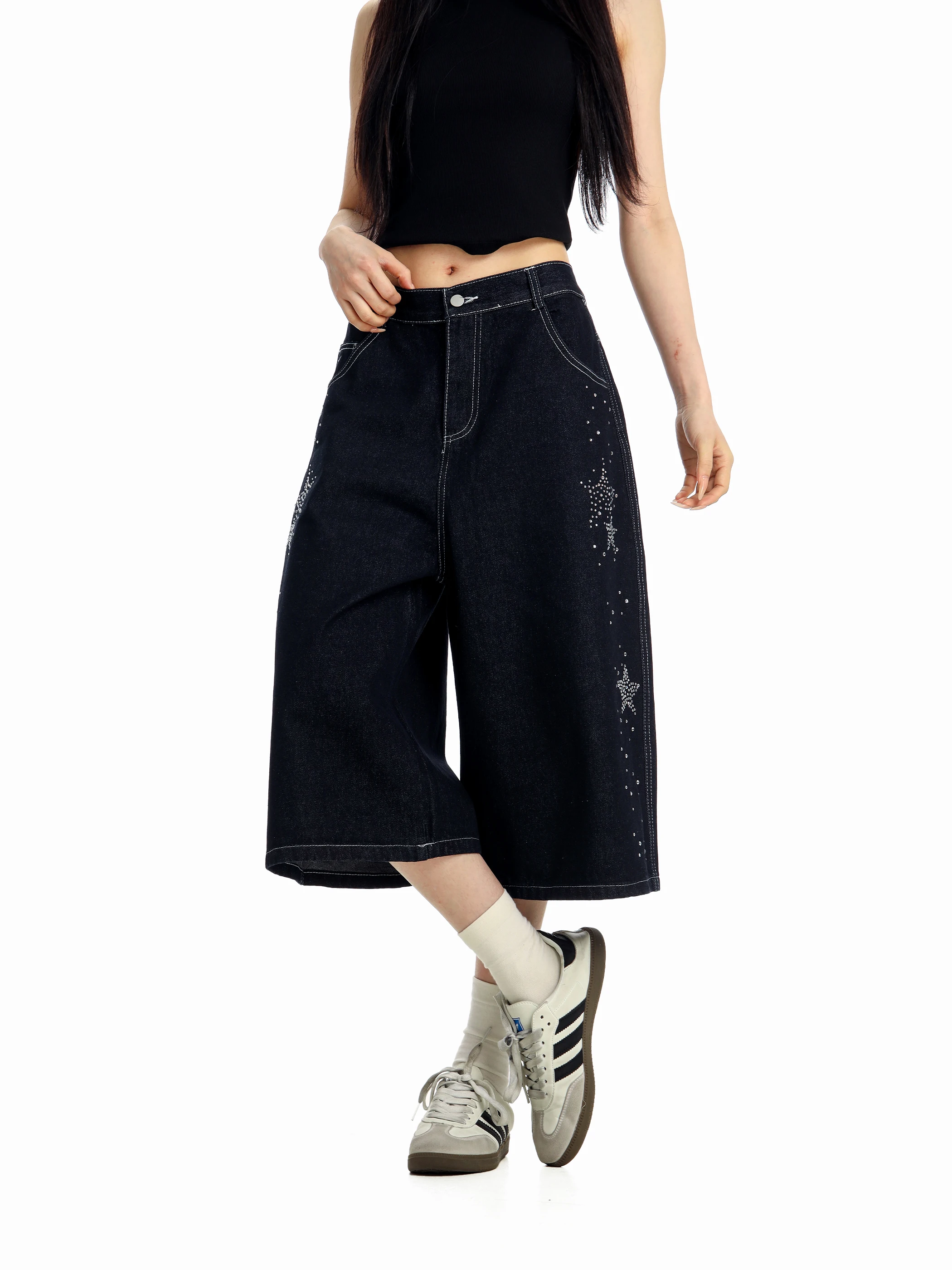 

Heavy Duty American Style Jeans Seven-Foot Pants Unisex Wide Leg Short Shorts Original Color Denim Men's Women's Design Sense