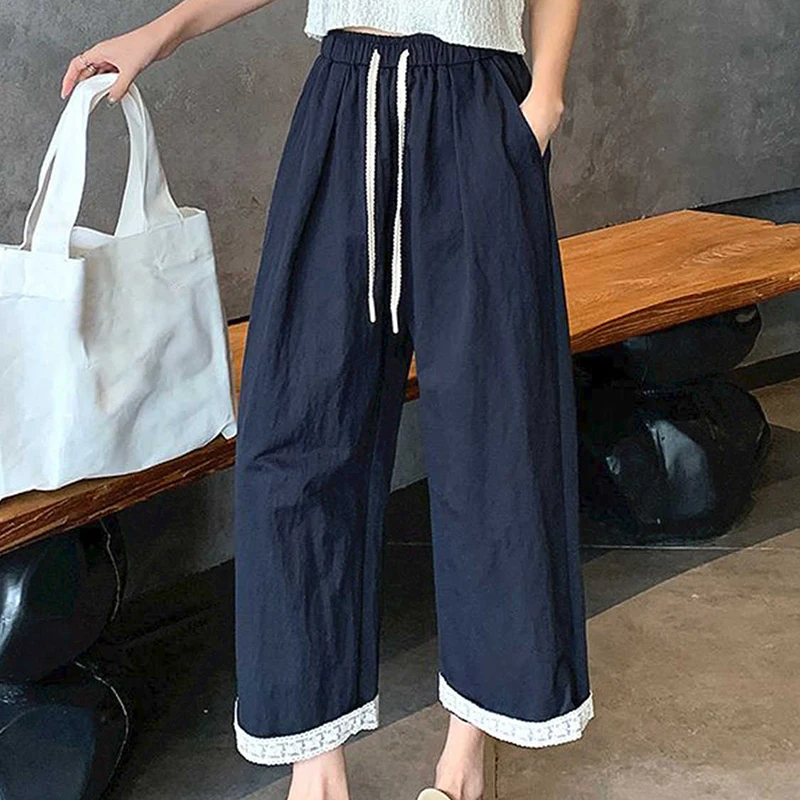 

Women Lace Splice Wide Leg Pants Summer Loose Drawstring Elastic Waist Ankle Length Trousers Leisure Comfort Pant Female