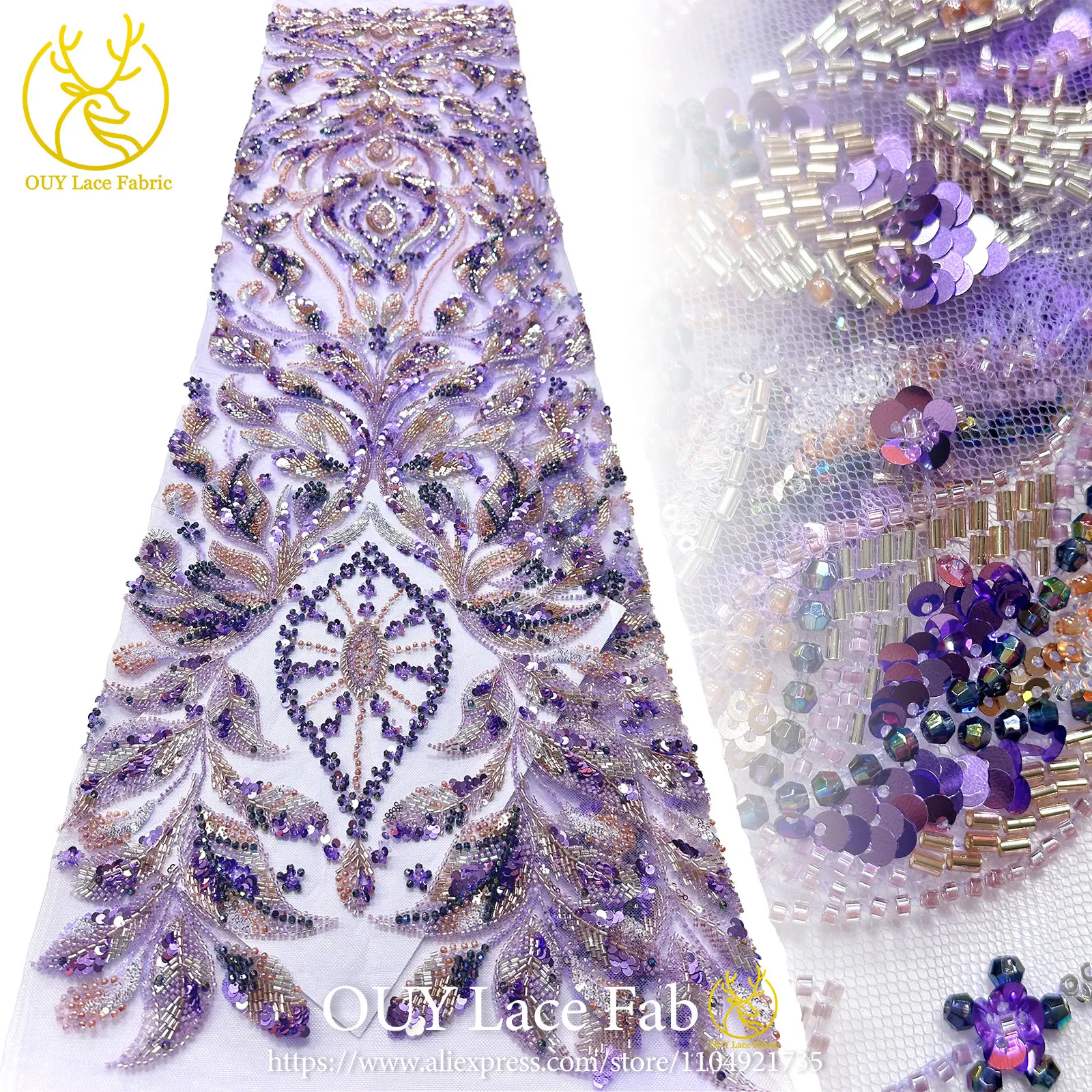 

2026 New African Handmade Beaded Lace Fabric 5 Yards Nigerian French Sequin Tulle Lace Fabric Suitable for Wedding Party Dresses
