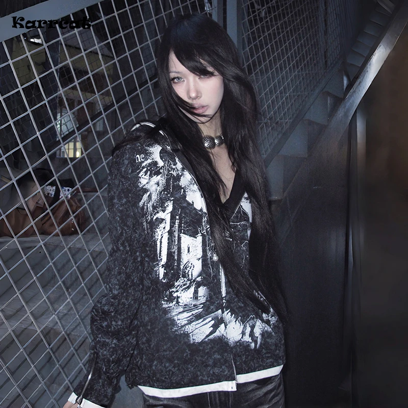 

Karrcat гранж эстетика татуировка куртка с принтом винтажная Y2k потертая верхняя одежда с капюшоном Trashy стиль 2000-х годов пальто на молнии американское