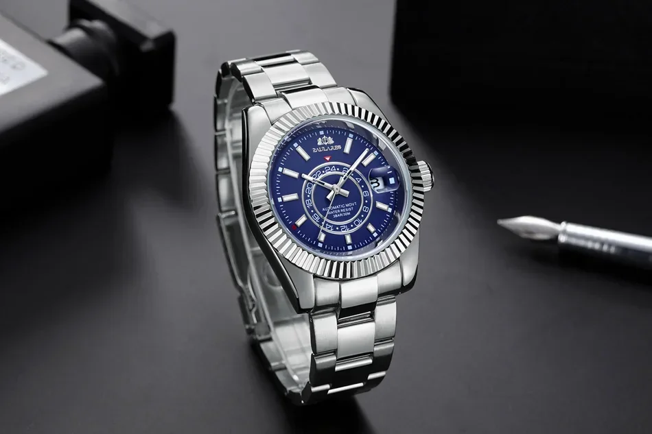 Automatic Watch for Men Mechanical Stainless Steel Strap Rose Gold Silver Blue Date Luxury Sky 40mm Reloj Hombre