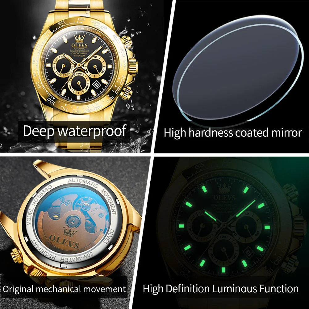 OLEVS 6638 Automatic Mechanical Watch For Men Week Calendar Original Mens Watches Luxury Luminous Waterproof Man Hand Clock