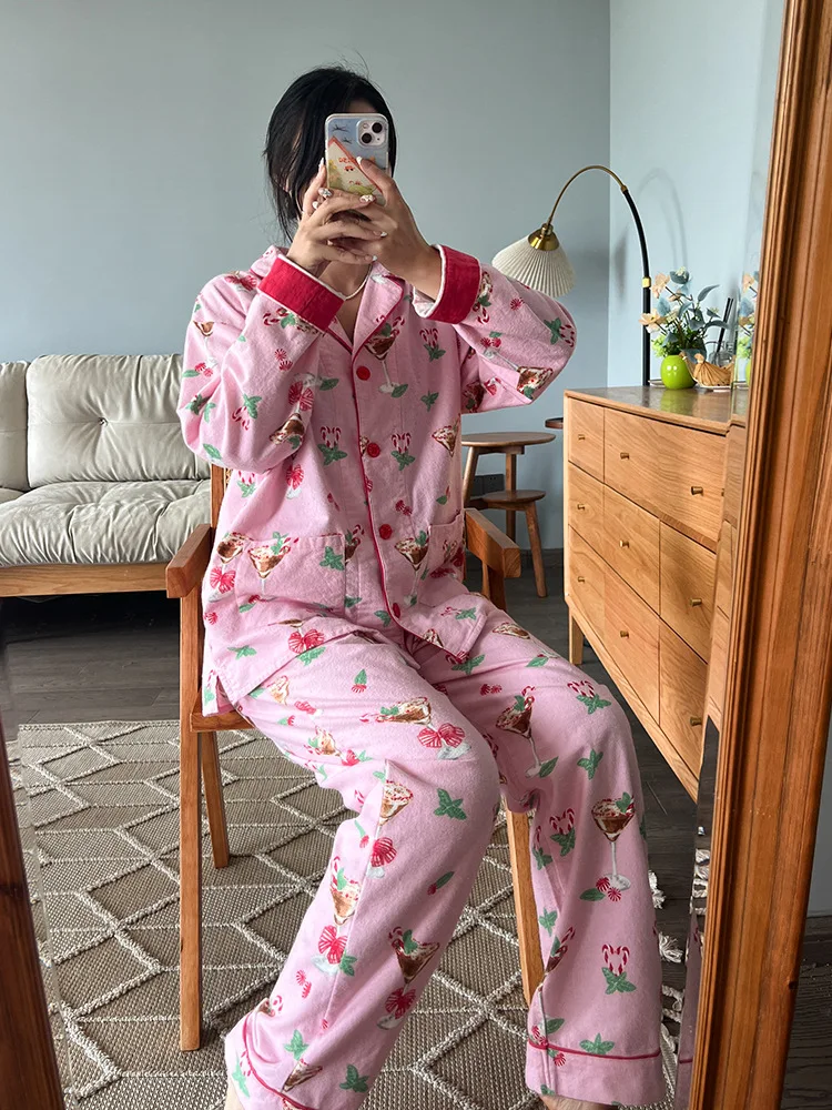 Damen Niedlicher Cartoon-Druck 100% Baumwolle Gebürstetes Pyjama-Set Frühling Herbst Langarm-Oberteil Lange Hose 2-teilig Loungewear Homewear – Detail 35