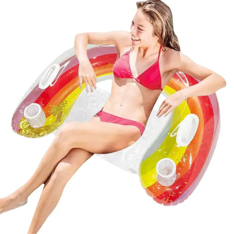 

Rainbow Pool Float Inflatable Pool Sofa Float Sequin Design Floating Water Raft For Adult Floats With 2-Cupholder And 2-handle