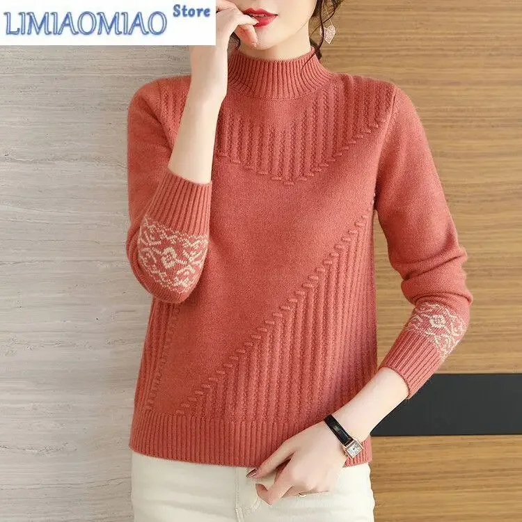 

Screw Thread Geometric Long Sleeve Sweater Knitted Contrast Color Autumn Winter Half High Collar Women's Clothing Trendy Tops